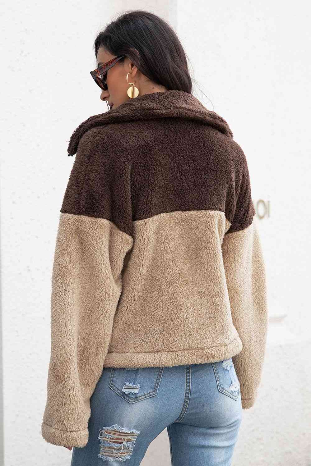 Two-Tone Collared Neck Fuzzy Jacket - AllIn Computer