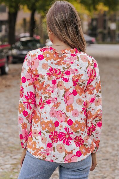 Floral V-Neck Frill Long Sleeve Blouse - AllIn Computer
