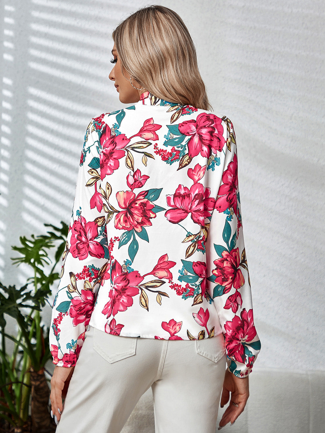Printed Tie Neck Long Sleeve Blouse - AllIn Computer