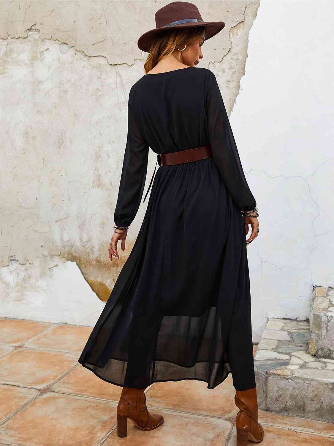 Flower Tie Neck Balloon Sleeve Dress - AllIn Computer