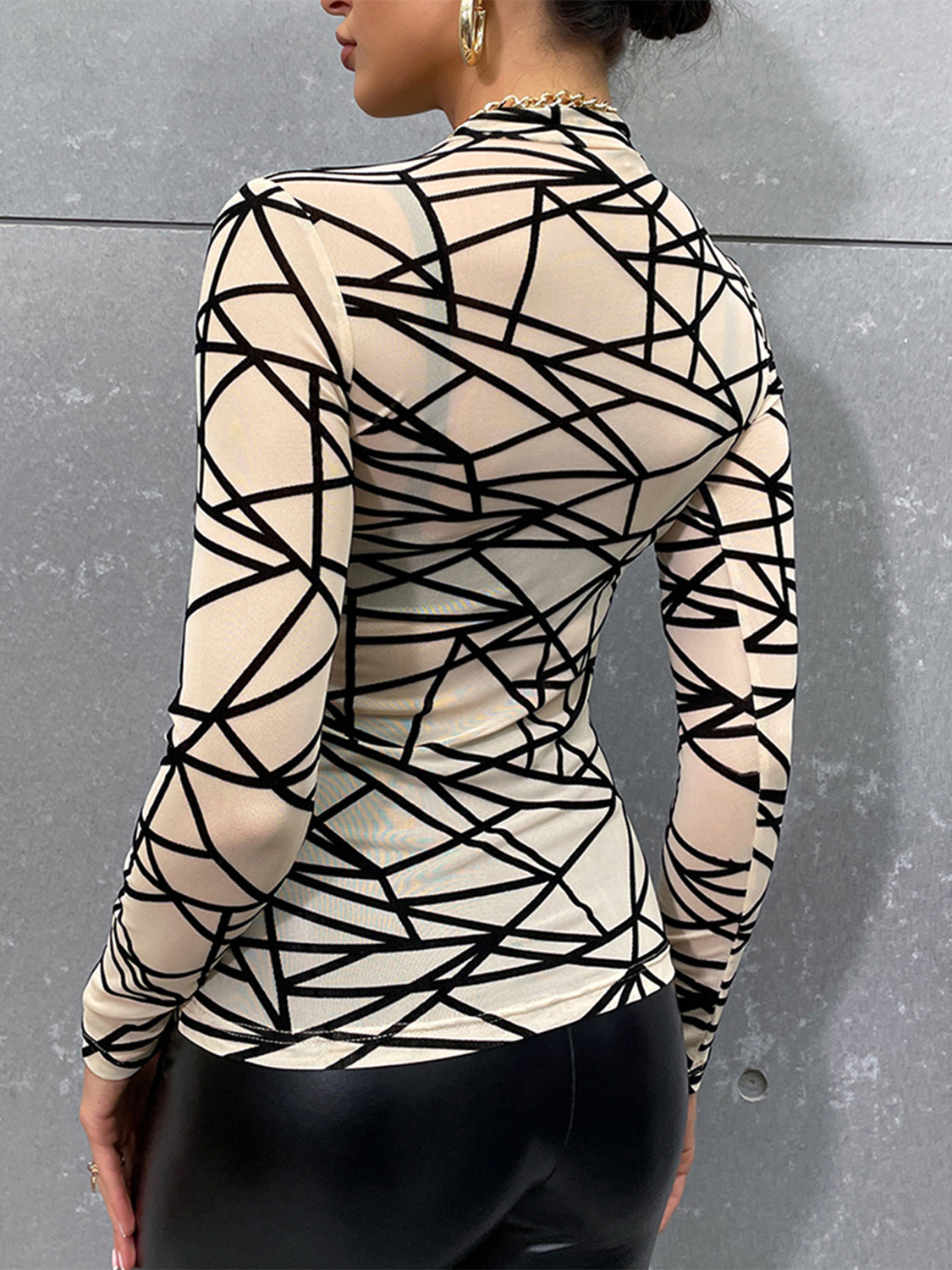 Geometric Mock Neck Long Sleeve Top - AllIn Computer