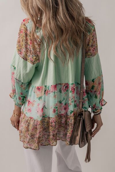 Floral Frill Trim Buttoned Notched Tiered Blouse - AllIn Computer