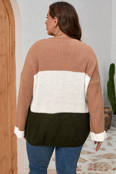 Plus Size Color Block Round Neck Sweater - AllIn Computer