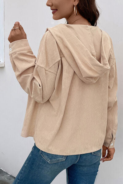 Ribbed Button Up Drawstring Hooded Jacket - AllIn Computer