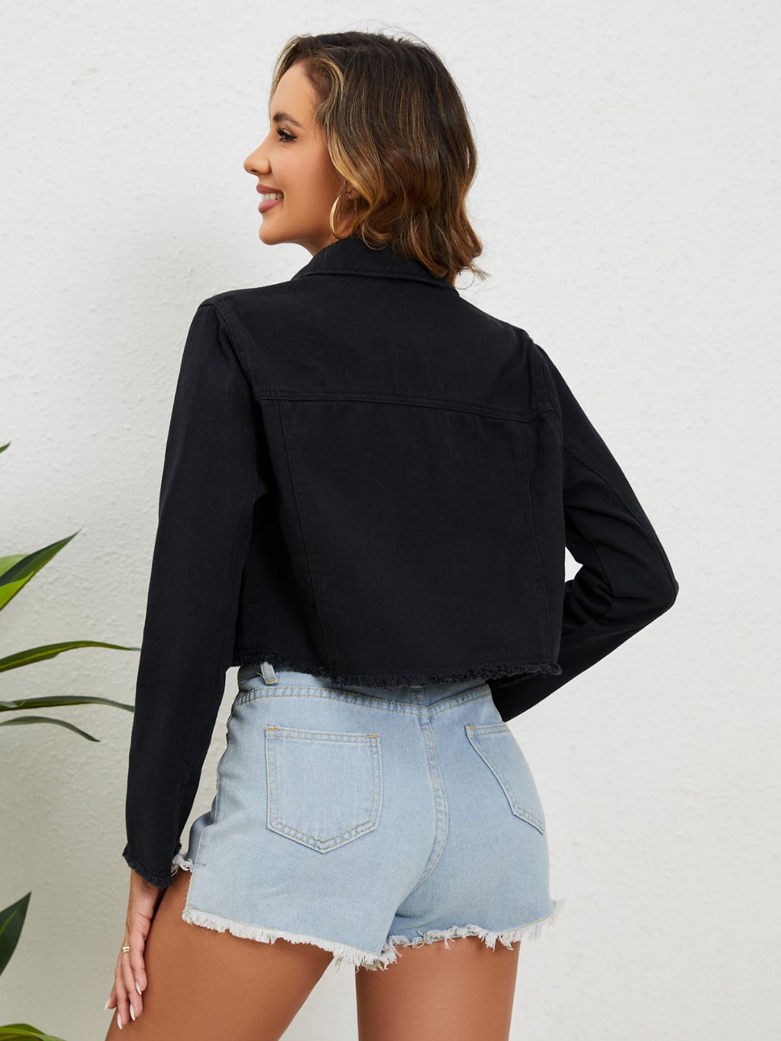 Collared Neck Raw Hem Denim Jacket - AllIn Computer