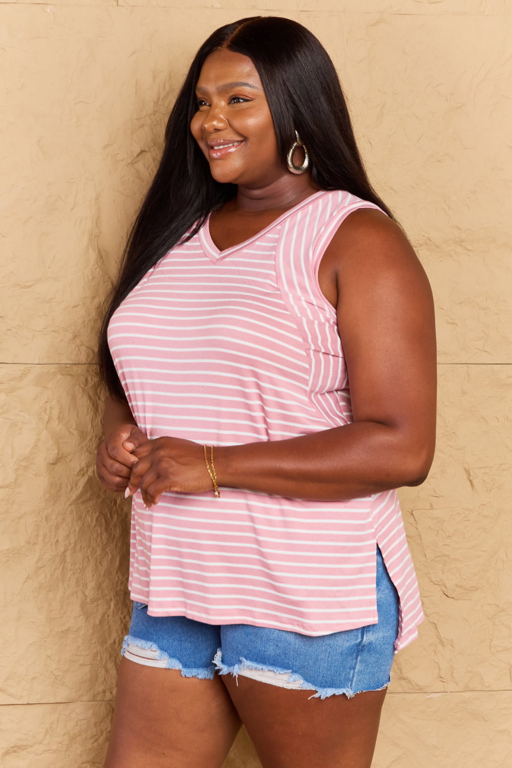 Doublju Talk To Me Full Size Striped Sleeveless V-Neck Top - AllIn Computer