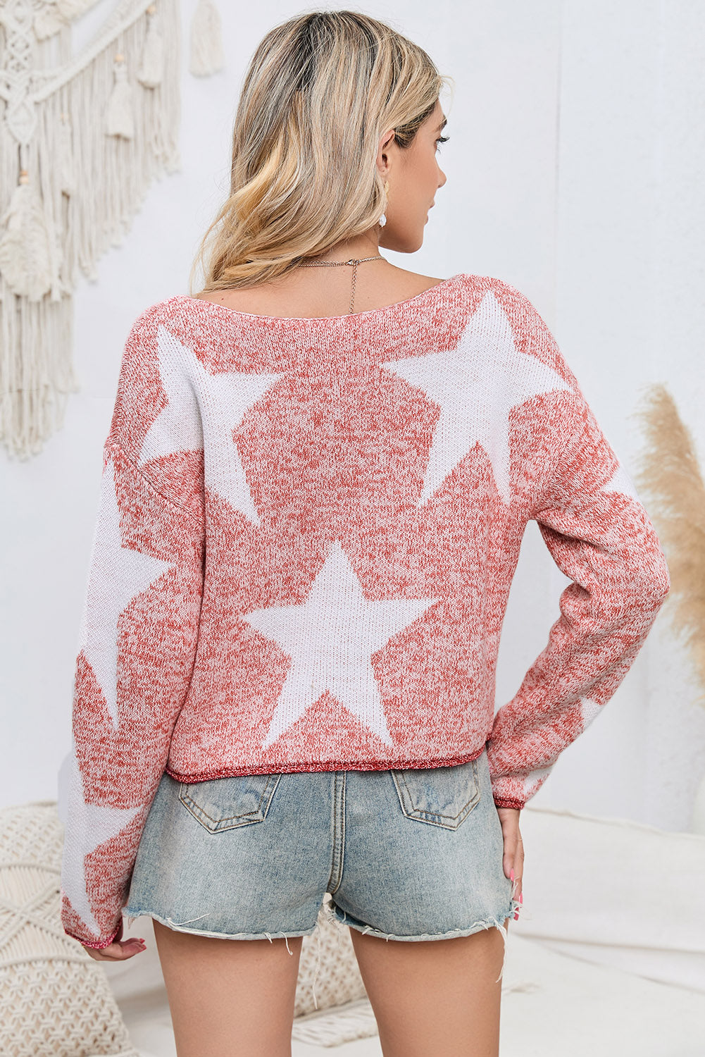 Star Pattern Dropped Shoulder Knit Top - AllIn Computer