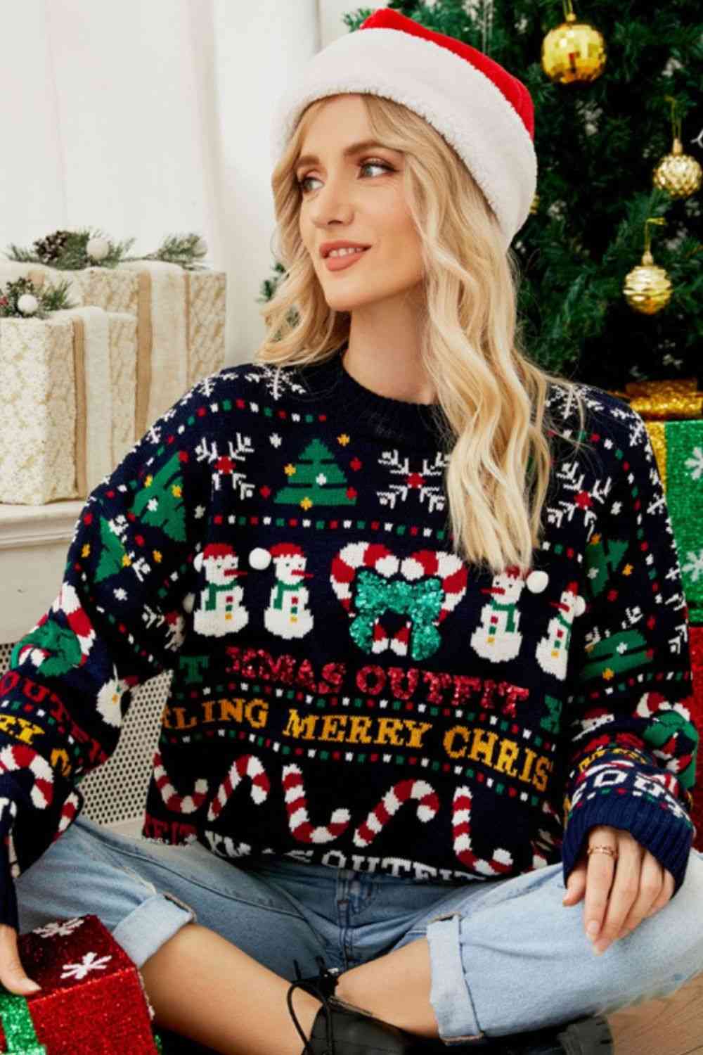 Christmas Print Crewneck Dropped Shoulder Sweater - AllIn Computer