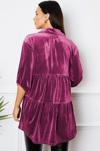 Velvet Tiered Button Up Collared Neck Shirt - AllIn Computer