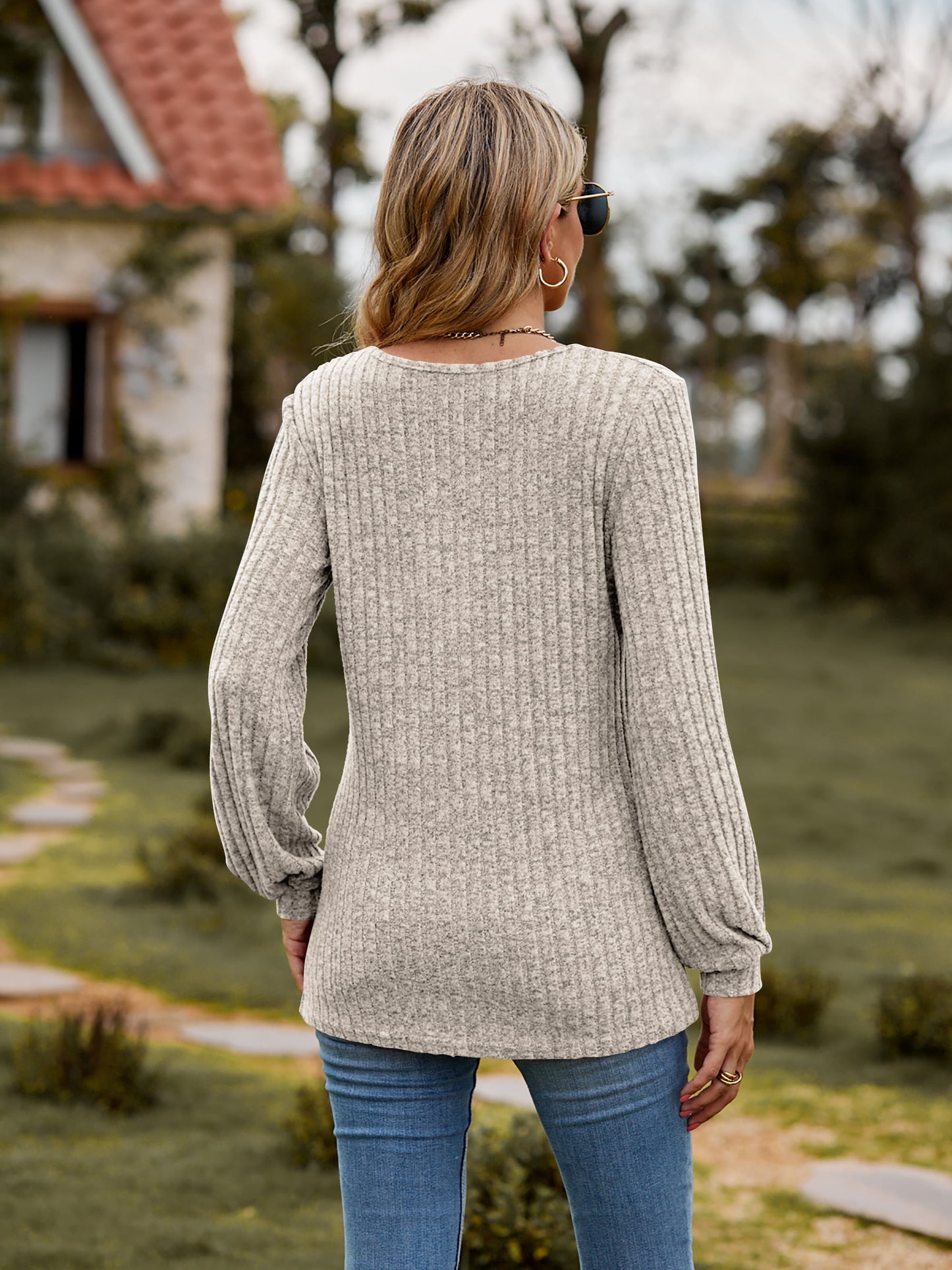 Round Neck Button-Down Long Sleeve Tee - AllIn Computer