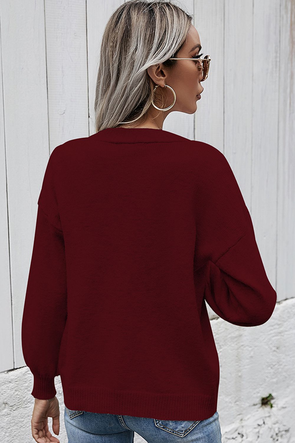 V-Neck Button-Down Dropped Shoulder Cardigan - AllIn Computer