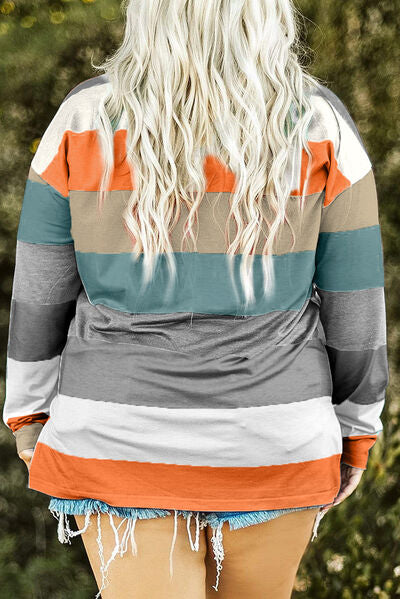Plus Size Striped Slit Long Sleeve T-Shirt - AllIn Computer