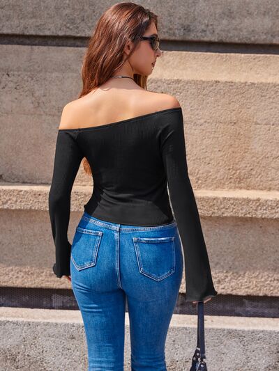 Ribbed Flare Sleeve Cropped T-Shirt - AllIn Computer