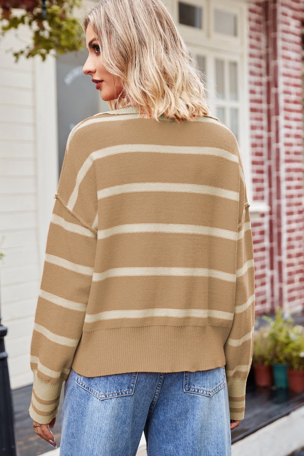 Striped Dropped Shoulder Notched Neck Knit Top - AllIn Computer