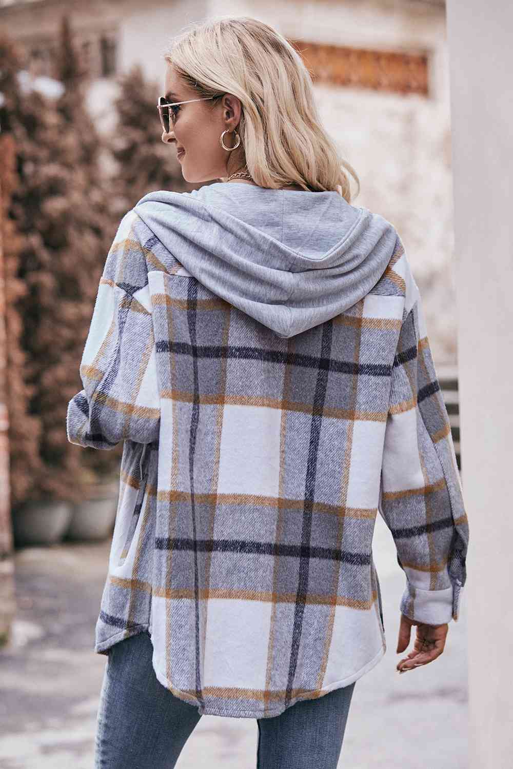 Plaid Dropped Shoulder Hooded Jacket - AllIn Computer