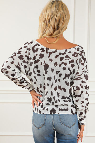 Leopard Boat Neck Long Sleeve Sweater - AllIn Computer