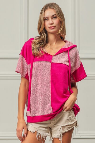 BiBi Color Block Exposed Seam Short Sleeve Hooded Top - AllIn Computer