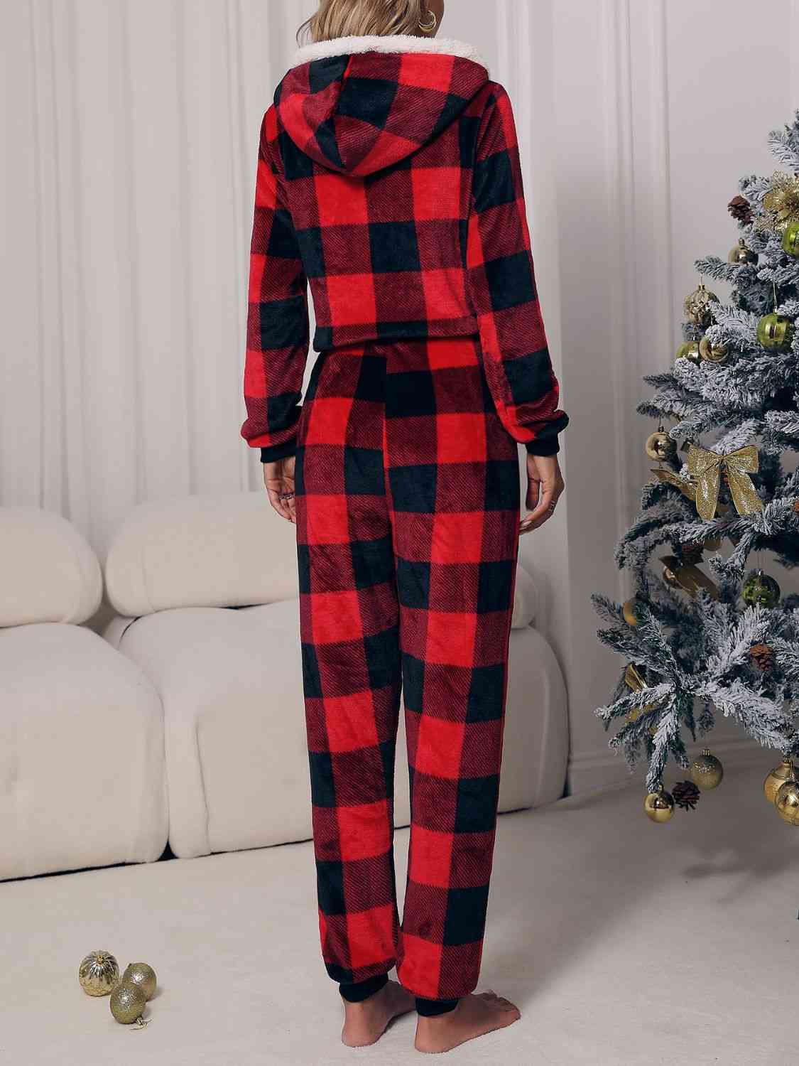 Plaid Zip Front Long Sleeve Hooded Lounge Jumpsuit - AllIn Computer