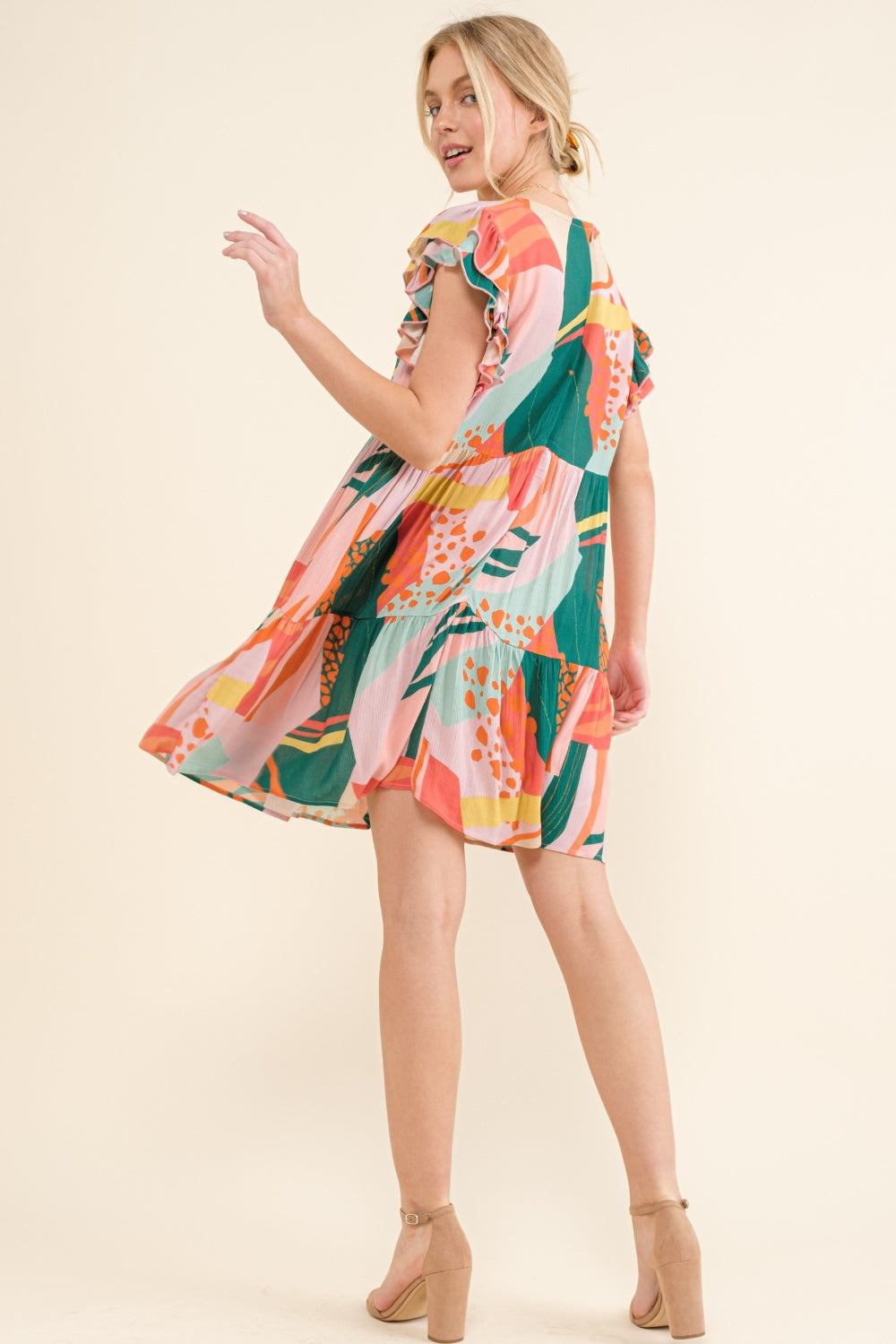 And The Why Printed Double Ruffle Sleeve Dress - AllIn Computer