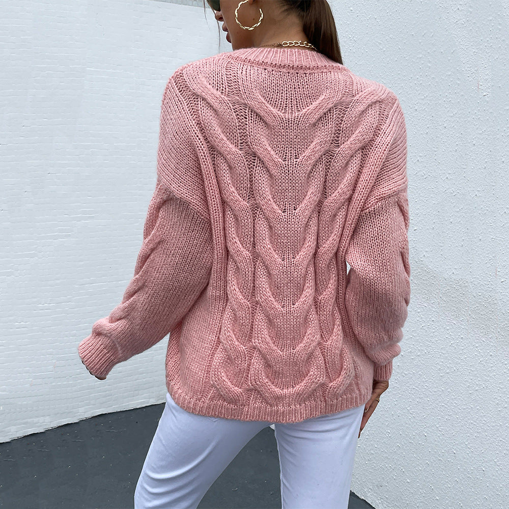 Cable-Knit Round Neck Long Sleeve Sweater - AllIn Computer