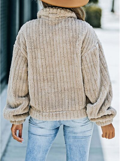 Fuzzy Button Up Collared Neck Jacket - AllIn Computer