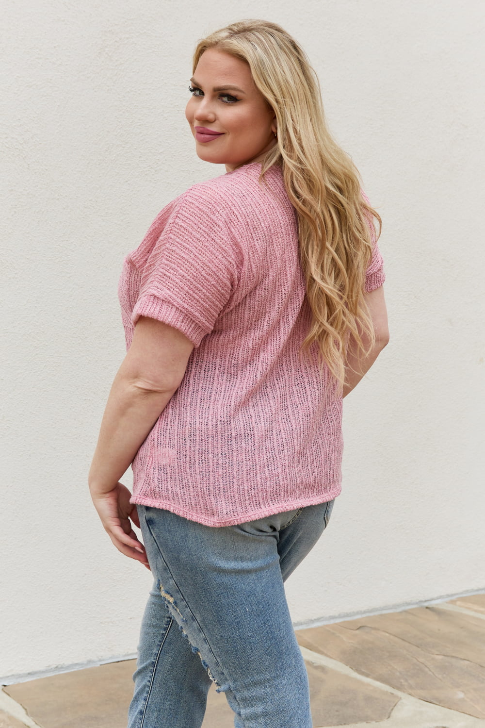 e.Luna Full Size Chunky Knit Short Sleeve Top in Mauve - AllIn Computer