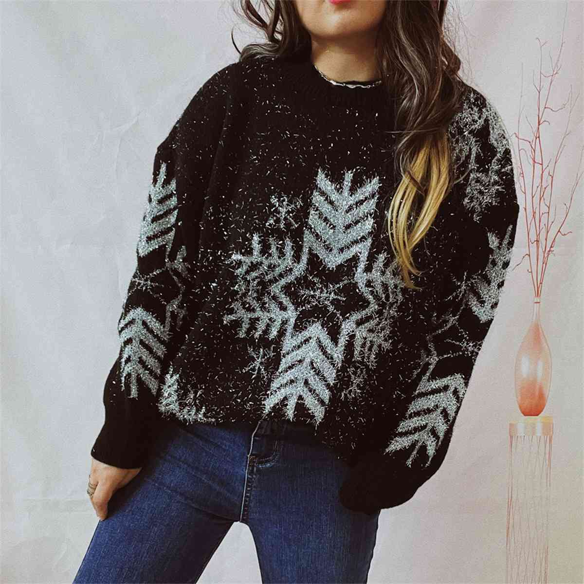 Snowflake Pattern Long Sleeve Sweater - AllIn Computer