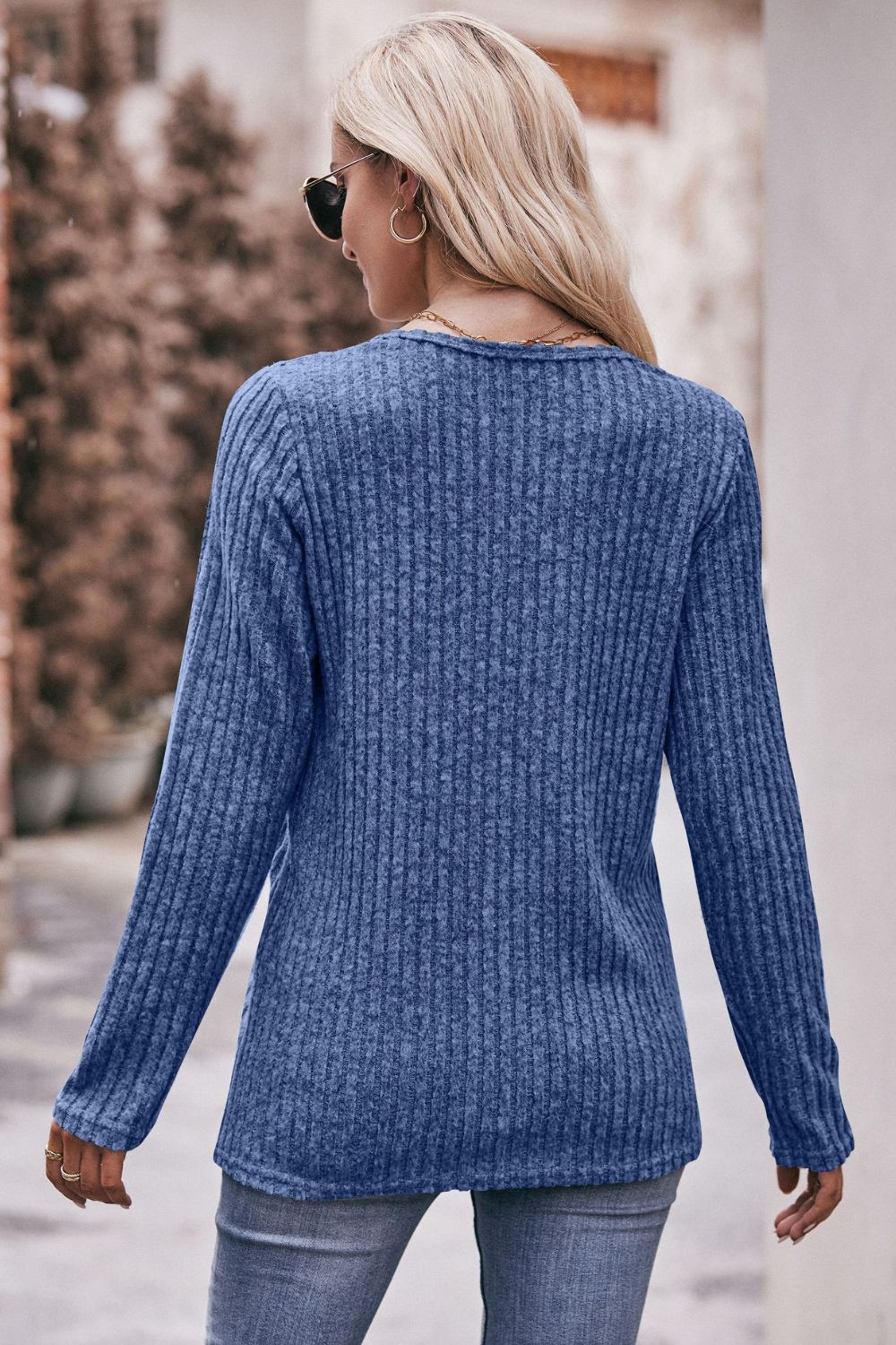 Double Take Ribbed Round Neck Buttoned Tee - AllIn Computer