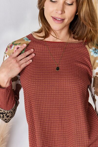 Hailey & Co Full Size Leopard Waffle-Knit Blouse - AllIn Computer