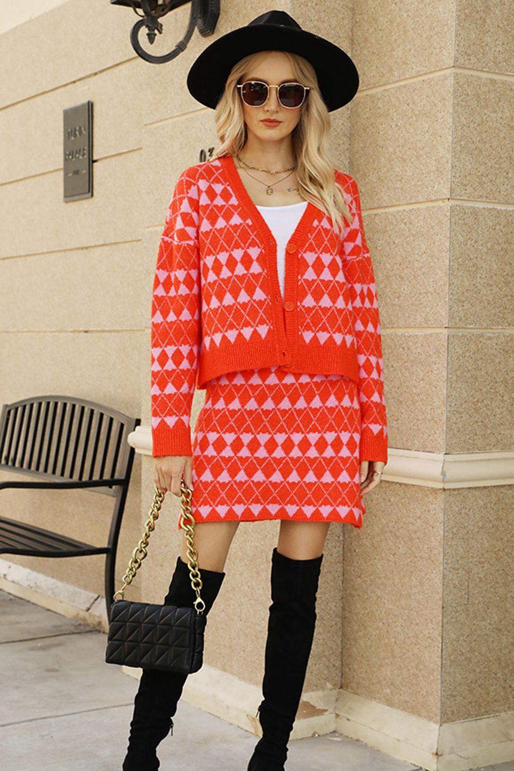 Geometric Dropped Shoulder Cardigan and Knit Skirt Set - AllIn Computer