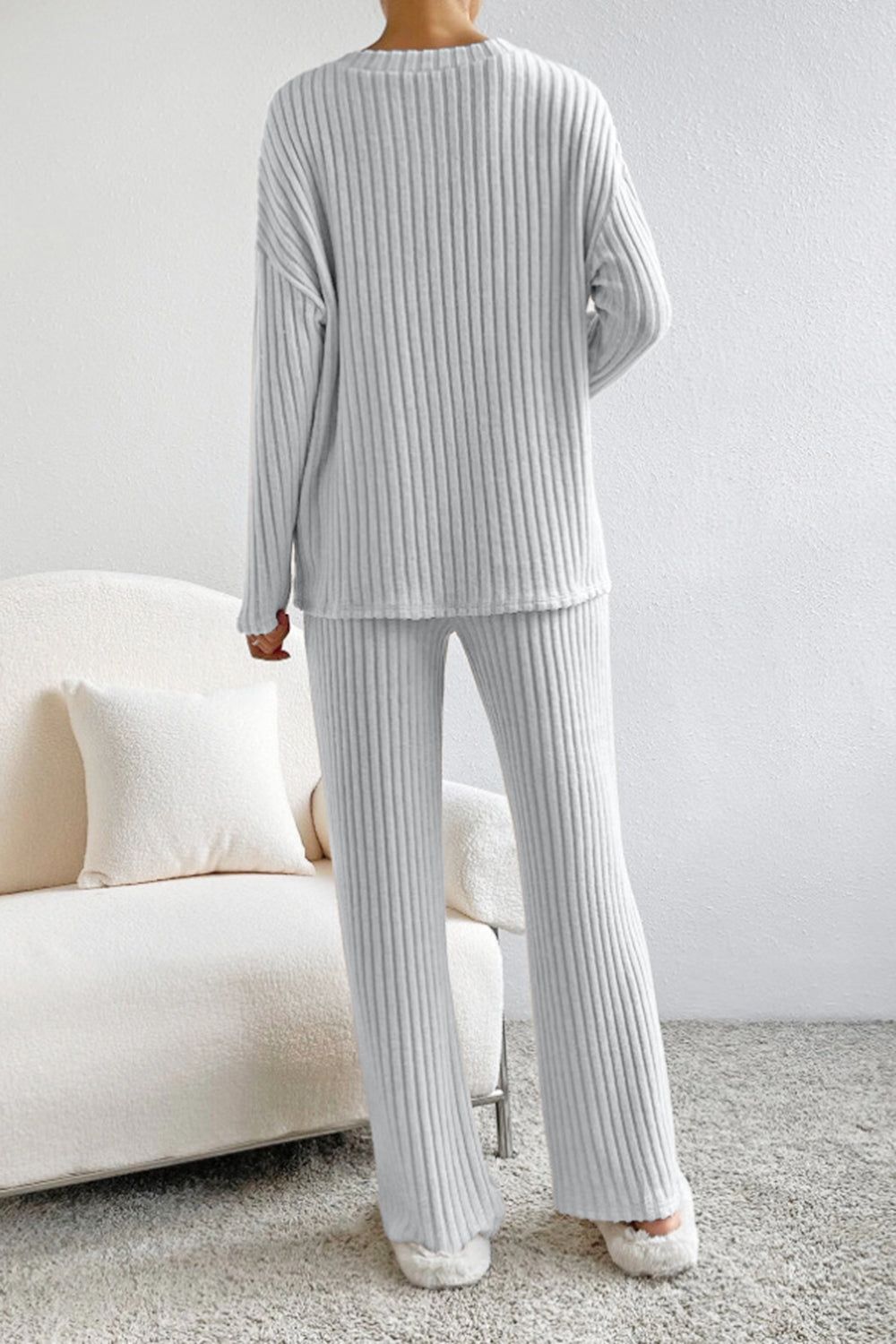 Ribbed V-Neck Top and Pants Set - AllIn Computer