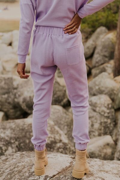 Waffle Knit Long Sleeve Top and Drawstring Pants Set - AllIn Computer