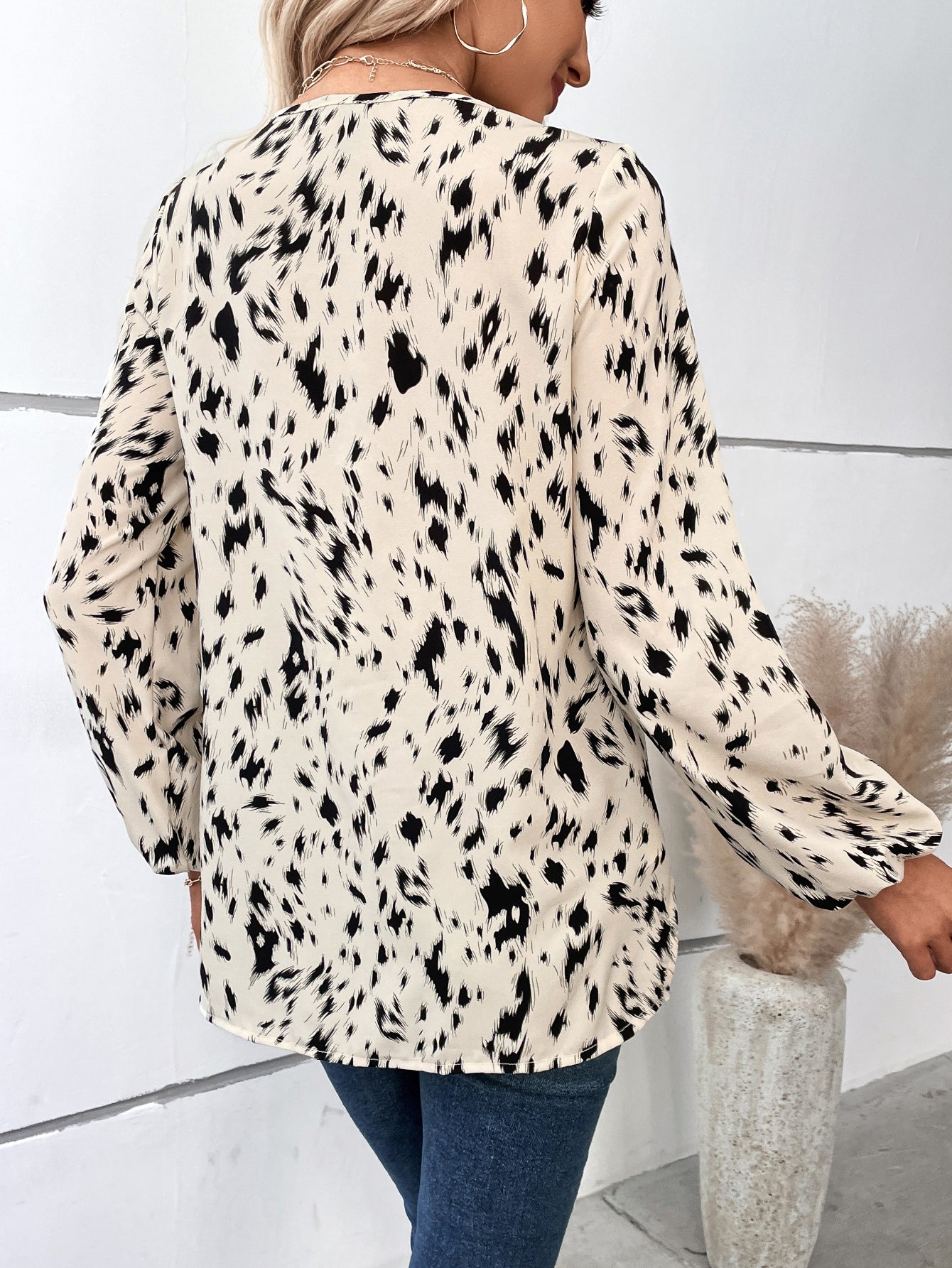 Printed V-Neck Long Sleeve Blouse - AllIn Computer