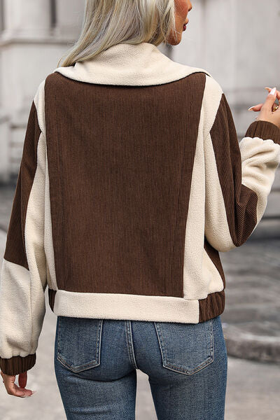 Color Block Zip Up Pocketed Jacket - AllIn Computer