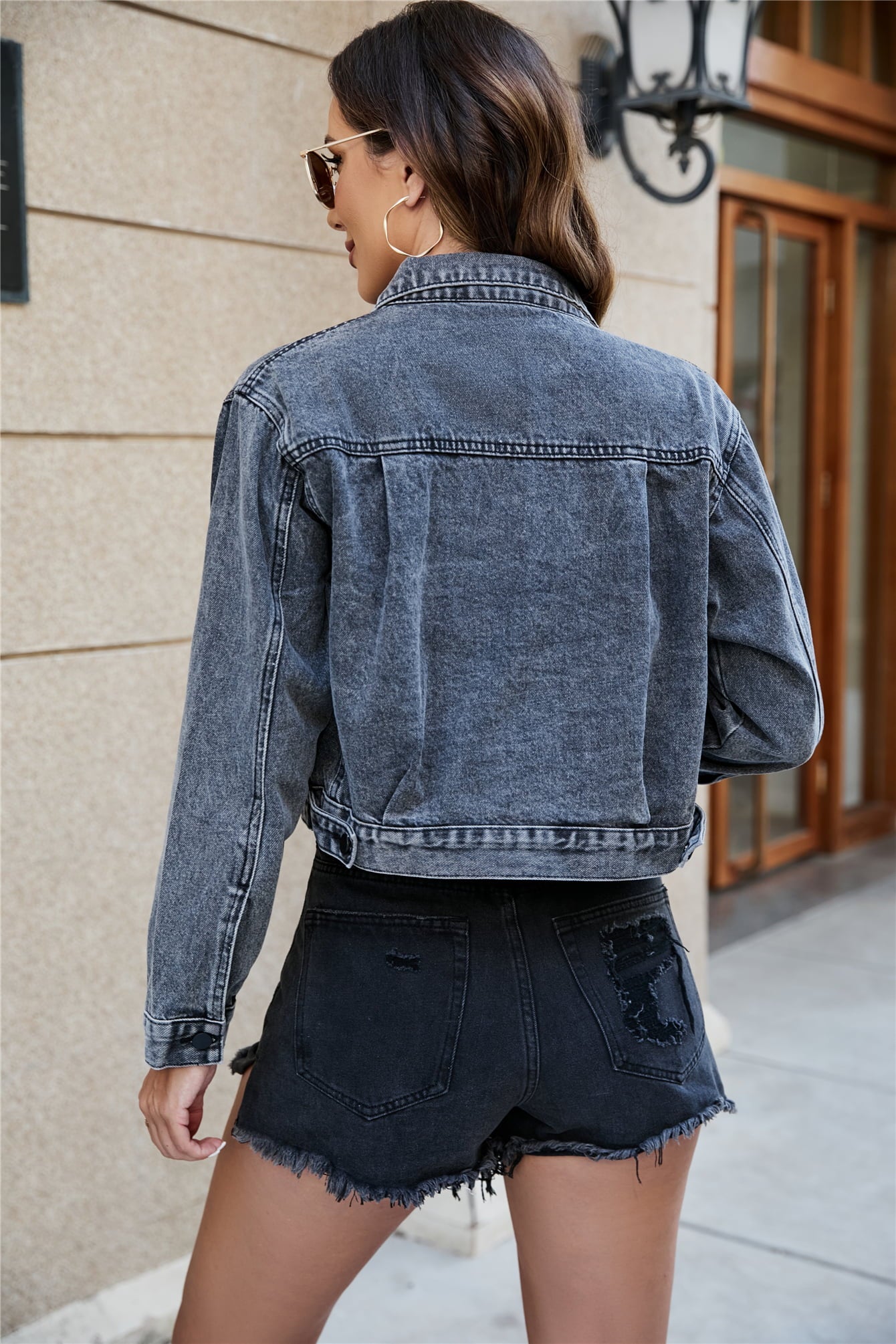 Collared Neck Long Sleeve Cropped Denim Jacket - AllIn Computer