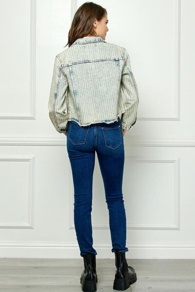 Veveret Multi Color Stripe Rhinestone Raw Hem Denim Jacket - AllIn Computer