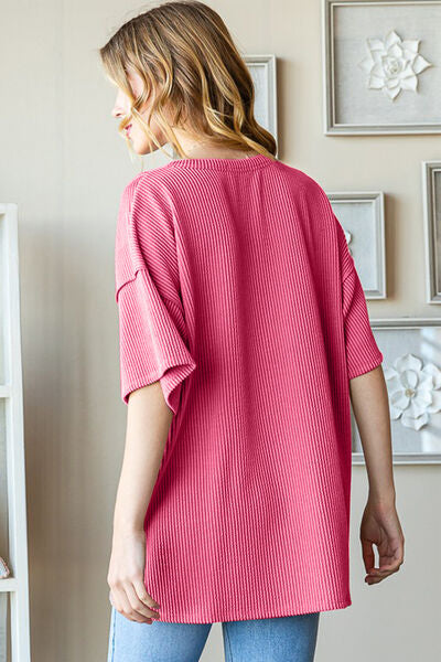 Heimish Full Size Ribbed Half Button Drop Shoulder Top - AllIn Computer