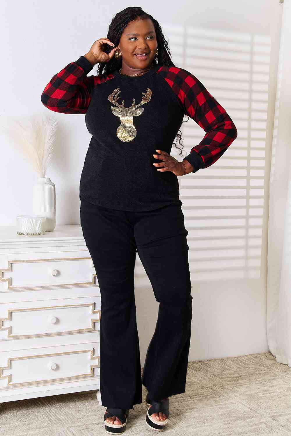 Heimish Full Size Sequin Reindeer Graphic Plaid Top - AllIn Computer
