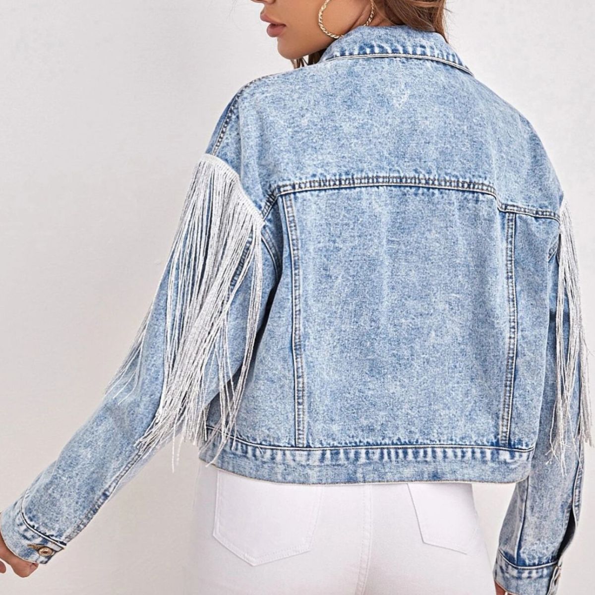Fringe Detail Collared Neck Long Sleeve Denim Jacket - AllIn Computer