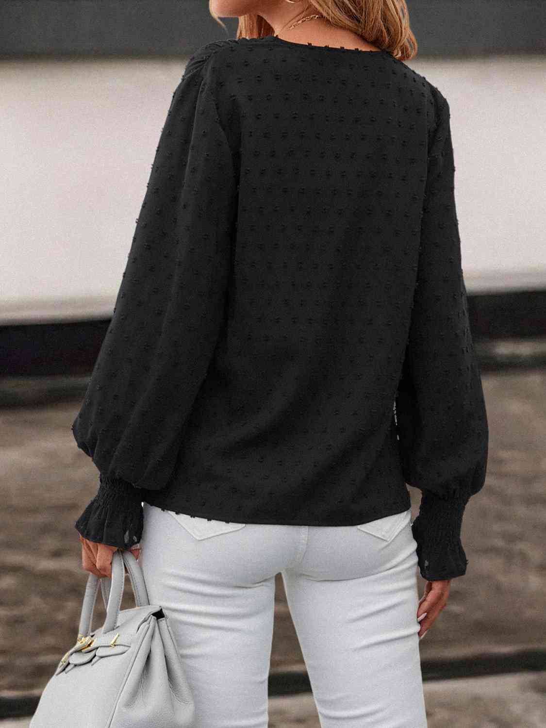 Swiss Dot V-NecK Lantern Sleeve Blouse - AllIn Computer