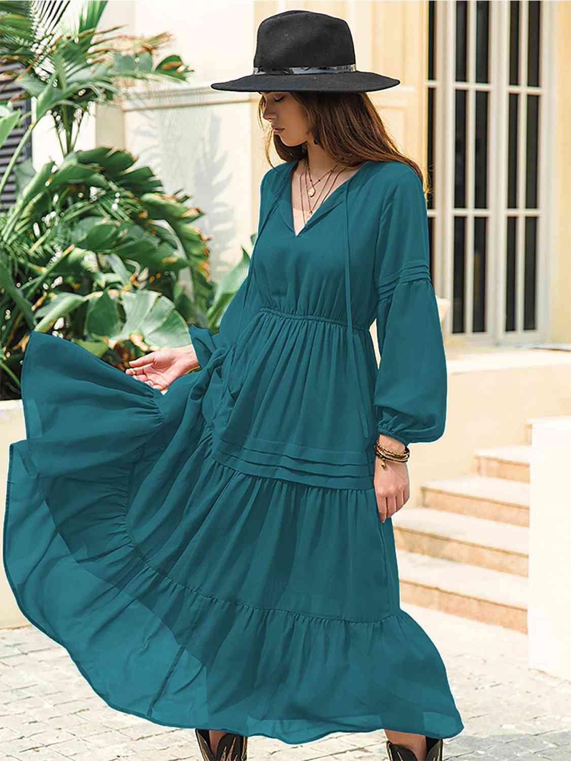 Tie Neck Long Sleeve Midi Tiered Dress - AllIn Computer