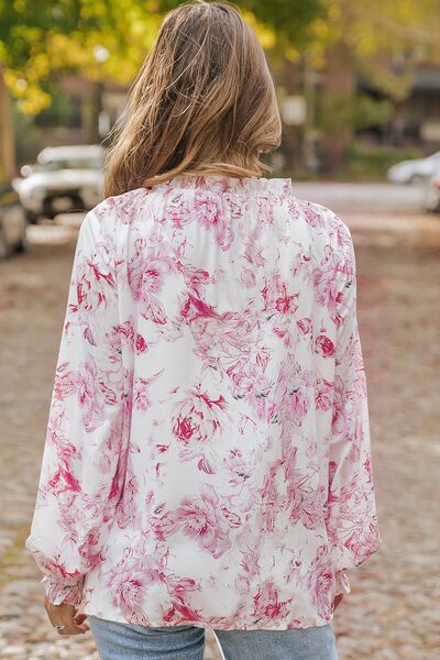 Floral Tie Neck Flounce Sleeve Blouse - AllIn Computer