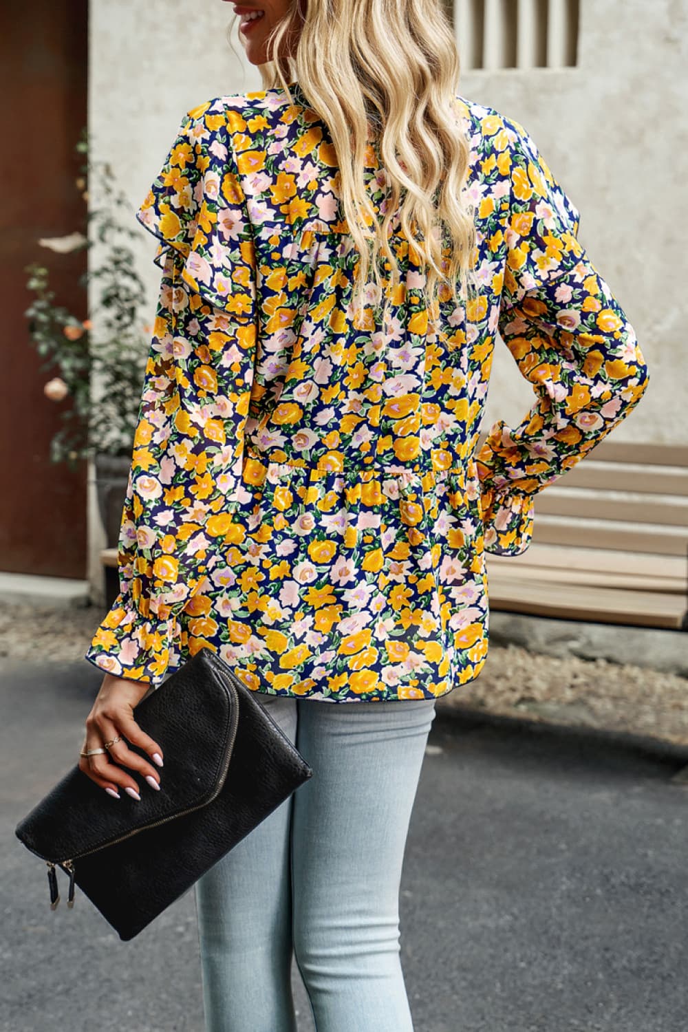 Printed Round Neck Flounce Sleeve Blouse - AllIn Computer