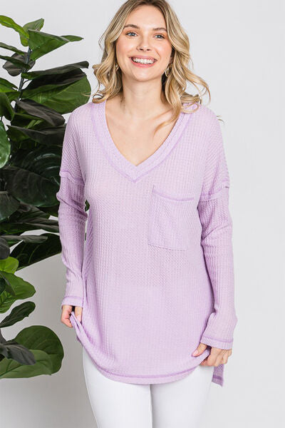 Reborn J Waffle Knit V-Neck Long Sleeve T-Shirt - AllIn Computer