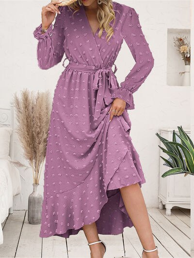 Swiss Dot Tie Waist Flounce Sleeve Dress - AllIn Computer