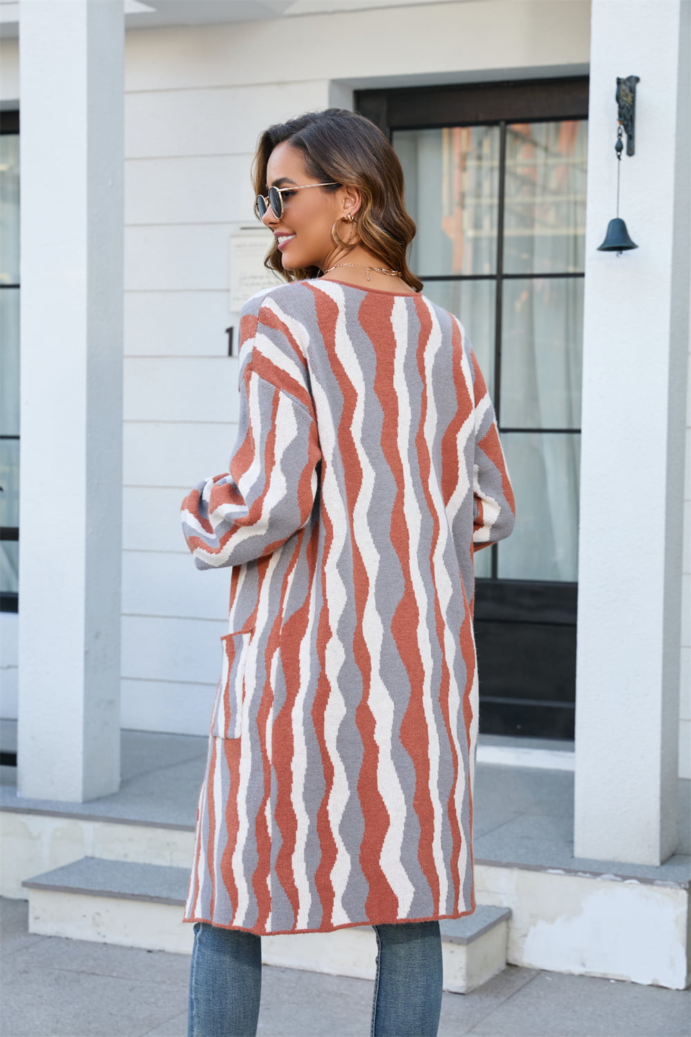 Printed Open Front Pocketed Cardigan - AllIn Computer