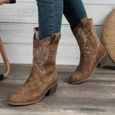 Embroidered Point Toe Block Heel Boots - AllIn Computer