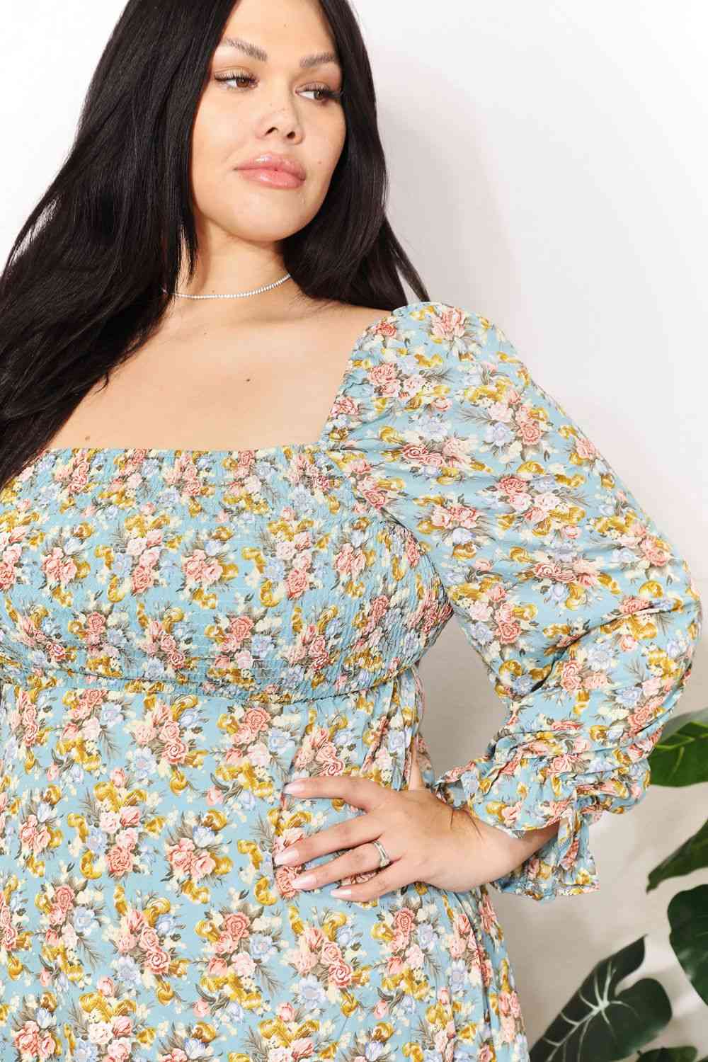 Double Take Floral Smocked Flounce Sleeve Square Neck Dress - AllIn Computer