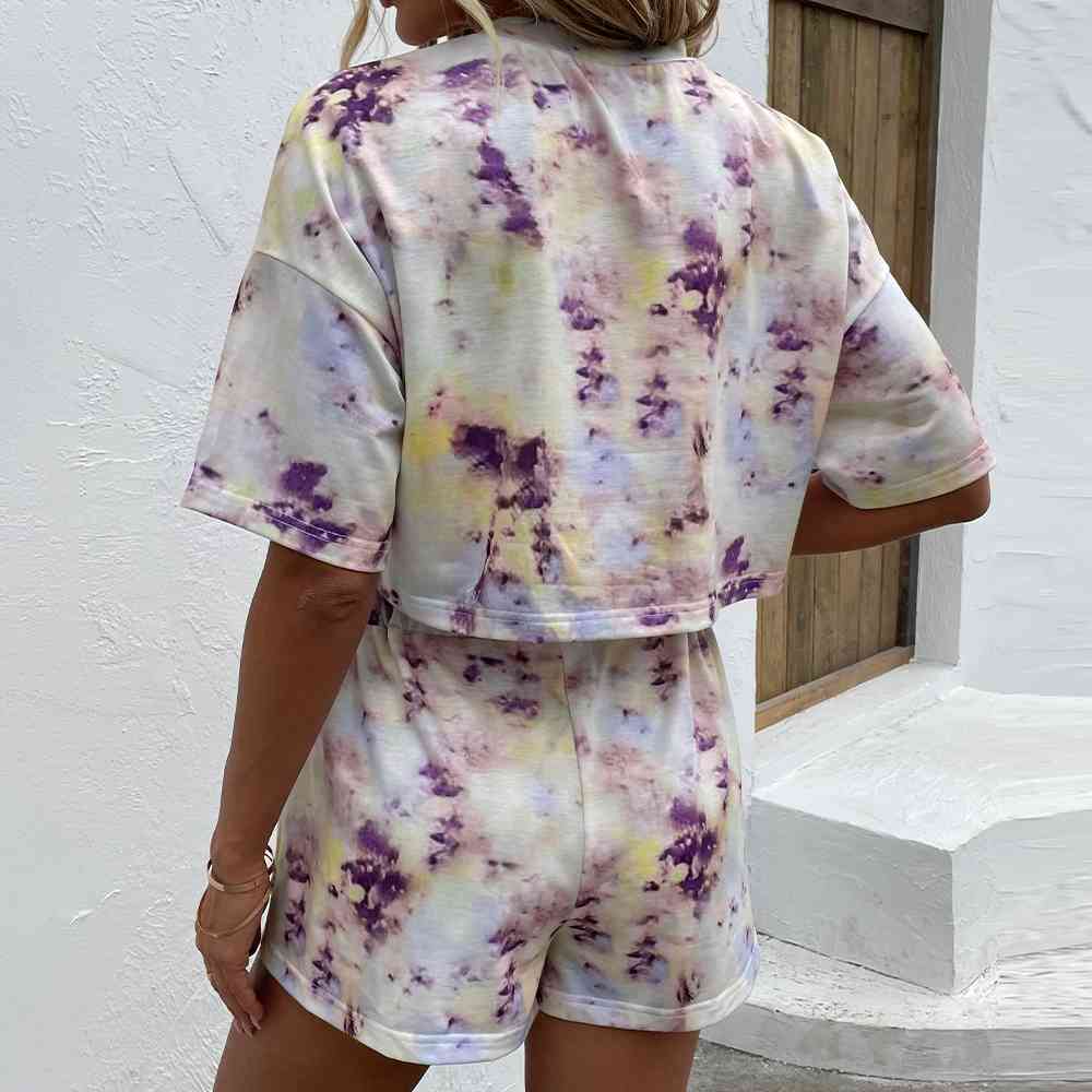 Tie-Dye Round Neck Dropped Shoulder Tie Dye Top and Shorts Set - AllIn Computer