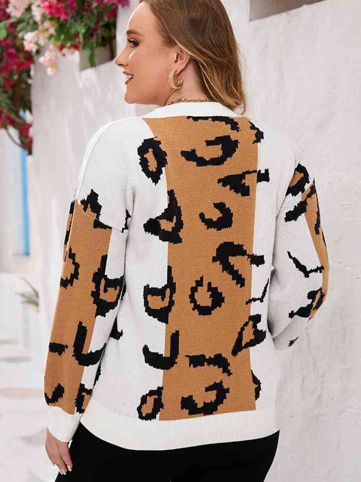 Plus Size Printed V-Neck Long Sleeve Sweater - AllIn Computer